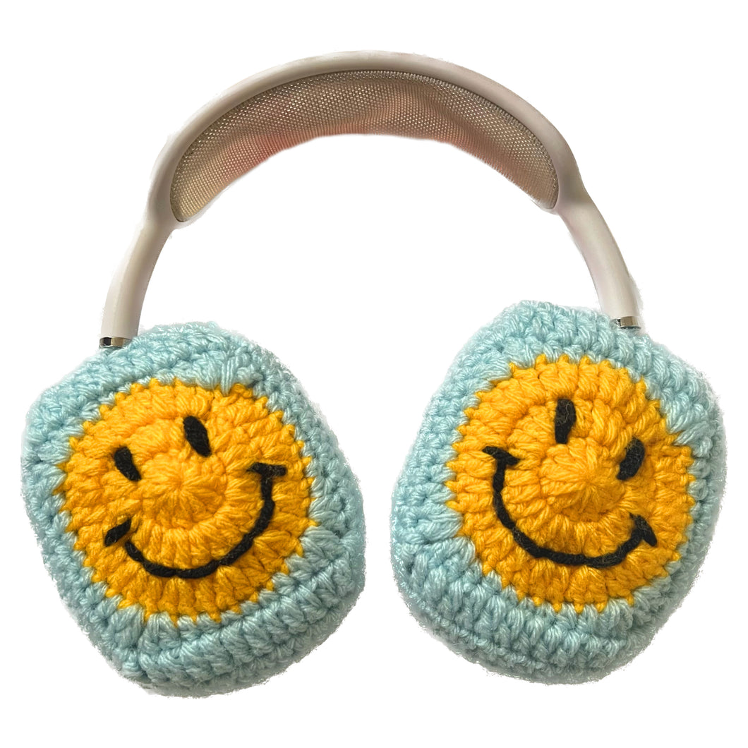 Blue Crochet Smiley Face Headphone Cover