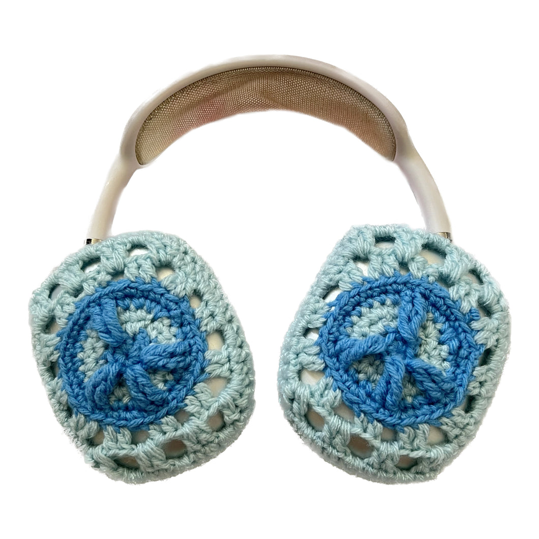 Blue Crochet Peace Sign Headphone Cover