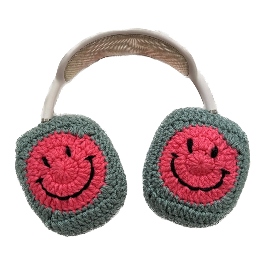 Pink and Green Crochet Smiley Face Headphone Cover