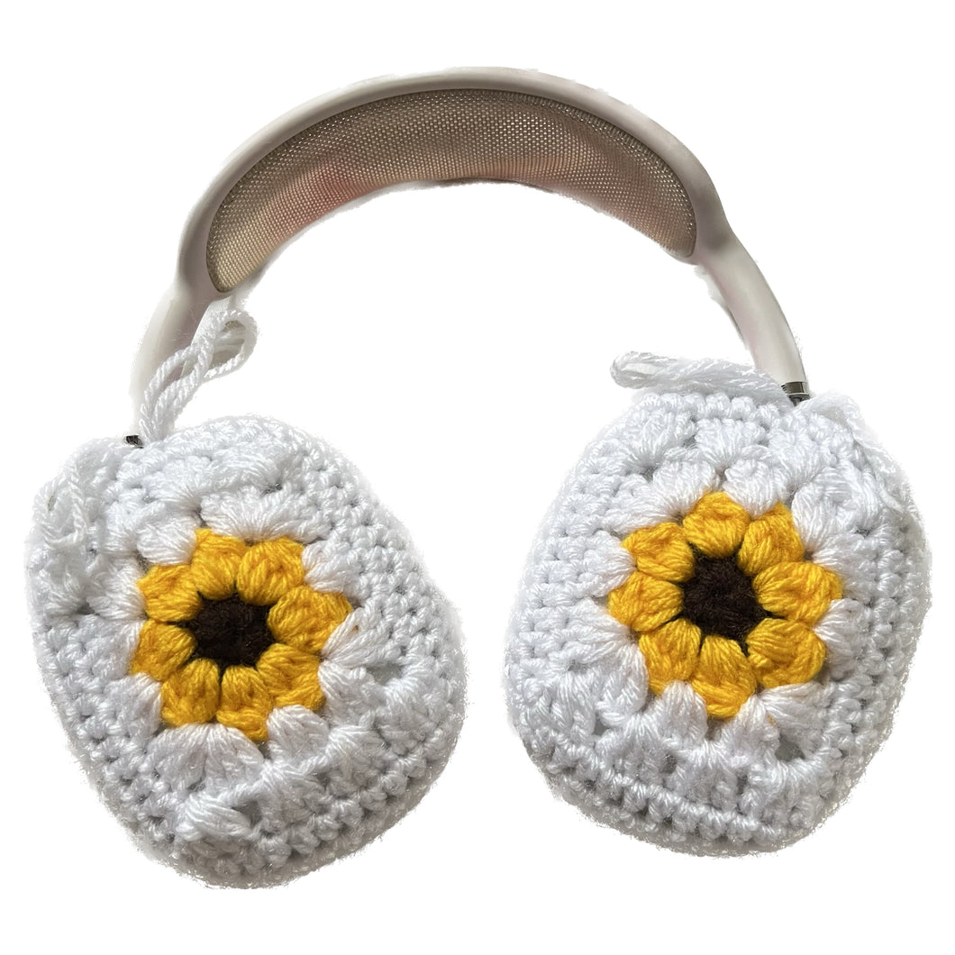 White Crochet Sunflower Headphone Cover