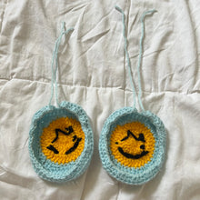 Load image into Gallery viewer, Blue Crochet Smiley Face Headphone Cover
