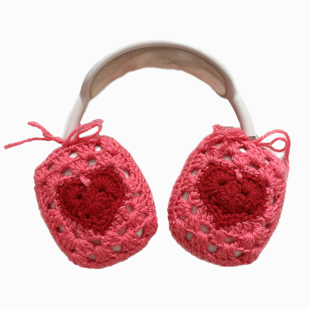 Pink Crochet Heart Headphone Covers
