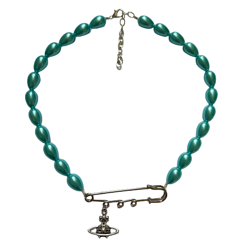 Aqua Pearl Safety Pin Necklace