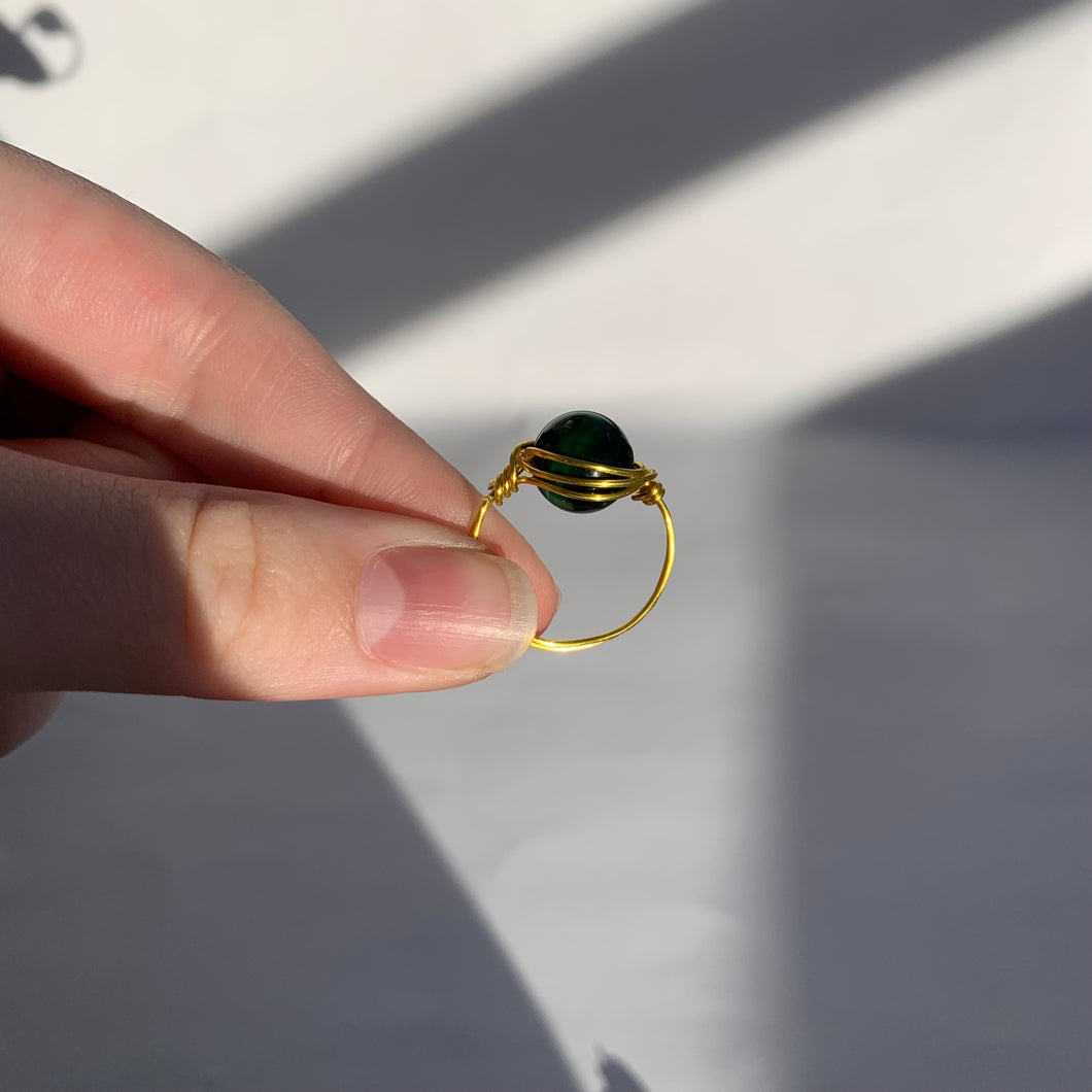 Green Tigers Eye Wire Wrapped Ring